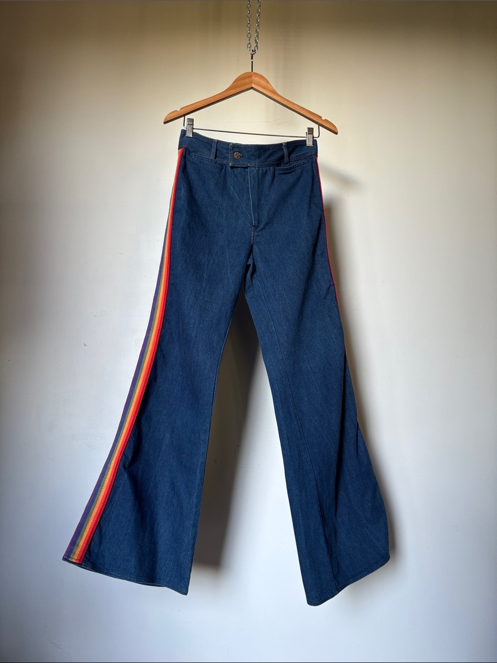 Vintage Navy Flare Jeans with Rainbow Track Side Stripe Size 6 RARE